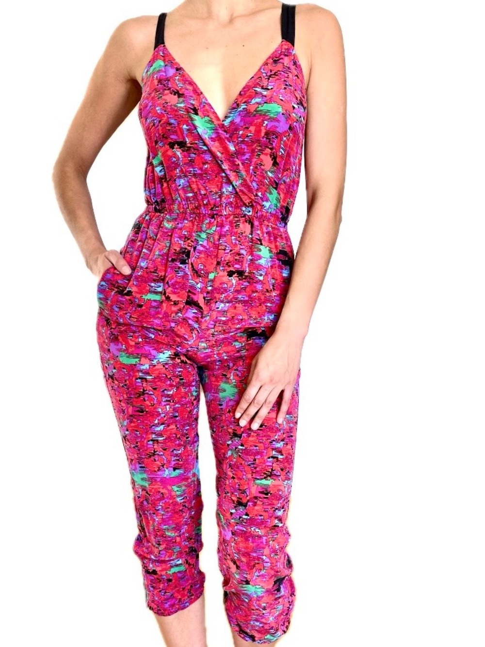 Hot Miami Styles Pink Abstract Sleeveless Surplice Jumpsuit